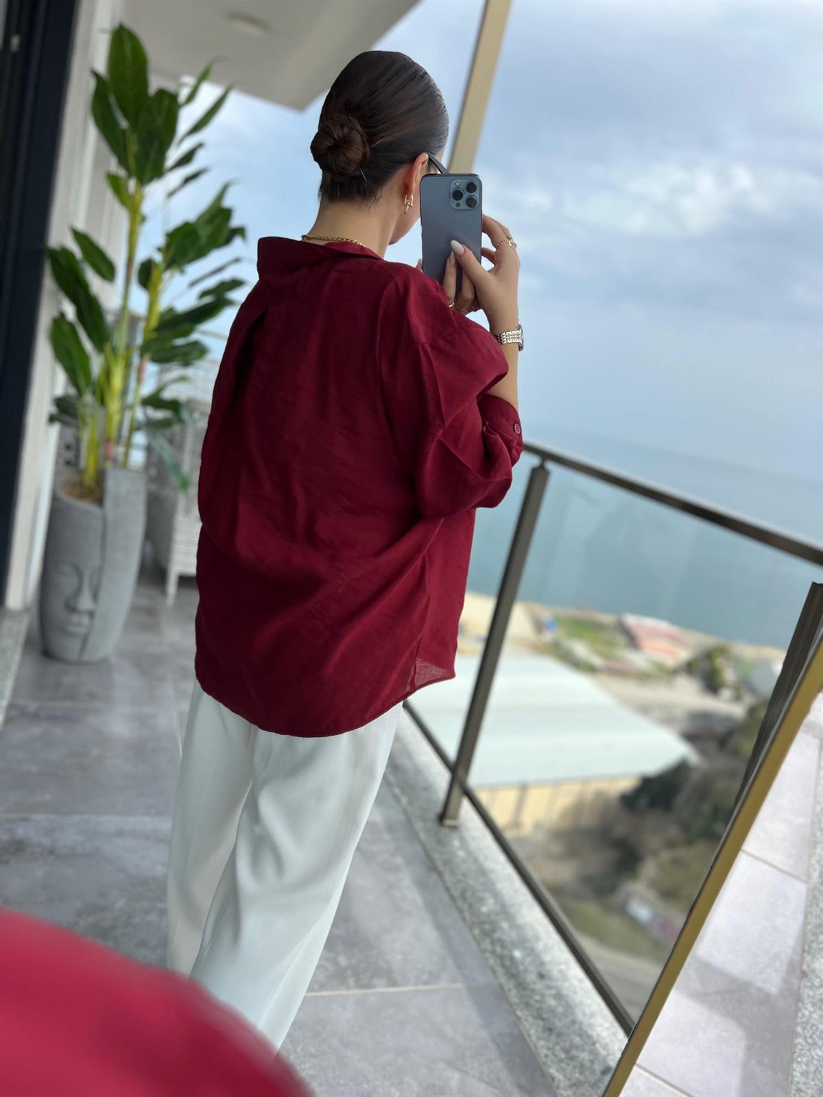 Düşük Omuz Owersize Gömlek BORDO