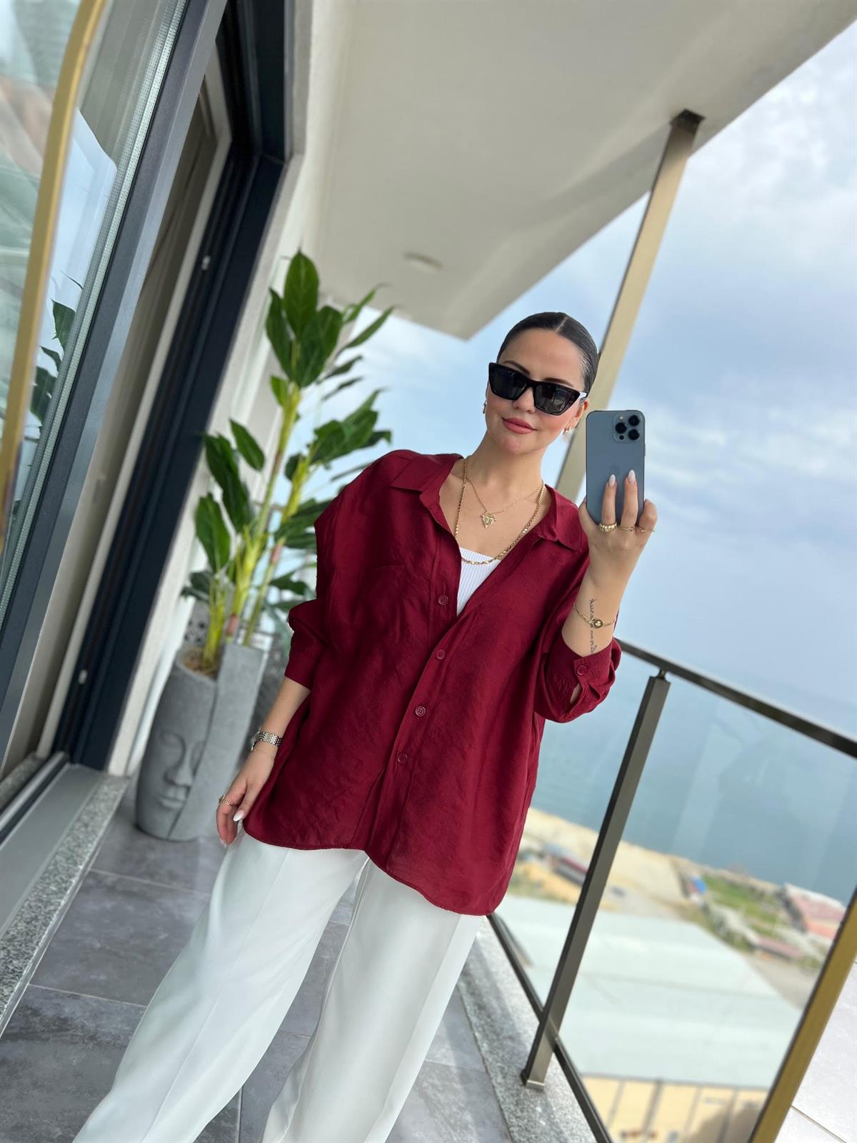 Düşük Omuz Owersize Gömlek BORDO