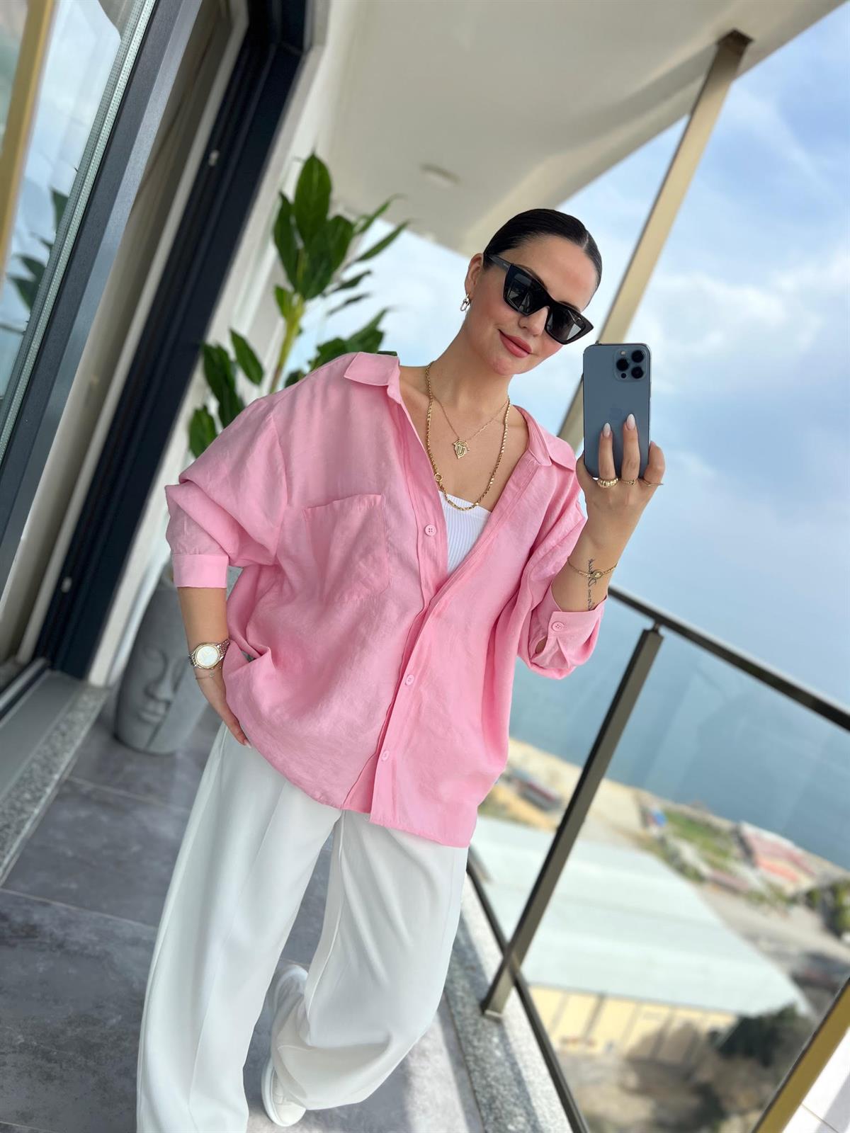 Düşük Omuz Owersize Gömlek PEMBE