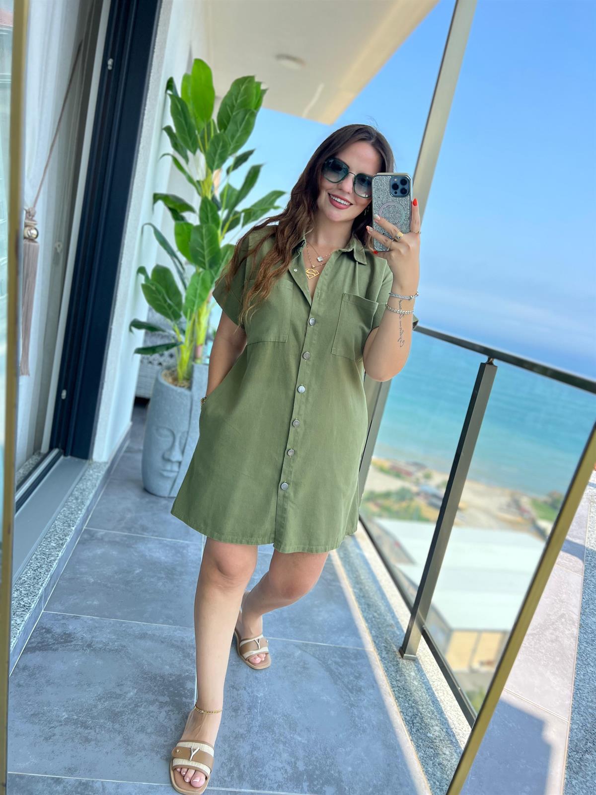 Gabardin Yıkamalı Elbise HAKİ YEŞİL