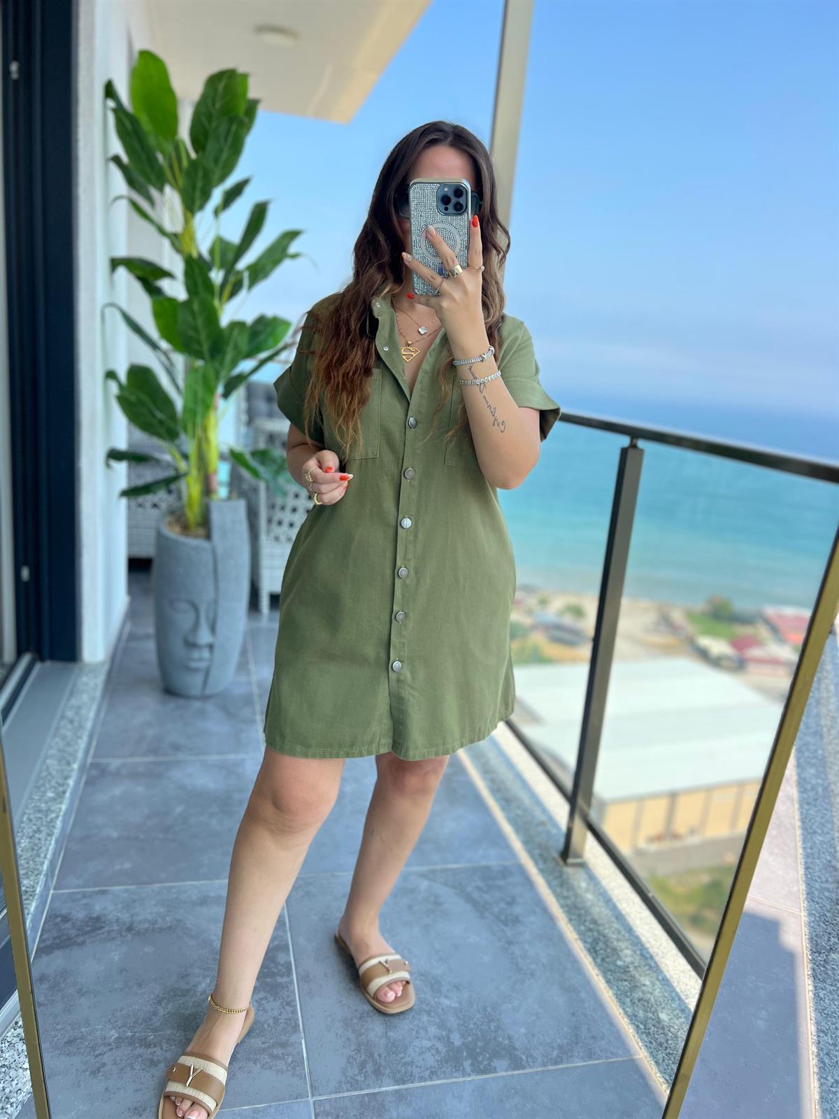 Gabardin Yıkamalı Elbise HAKİ YEŞİL