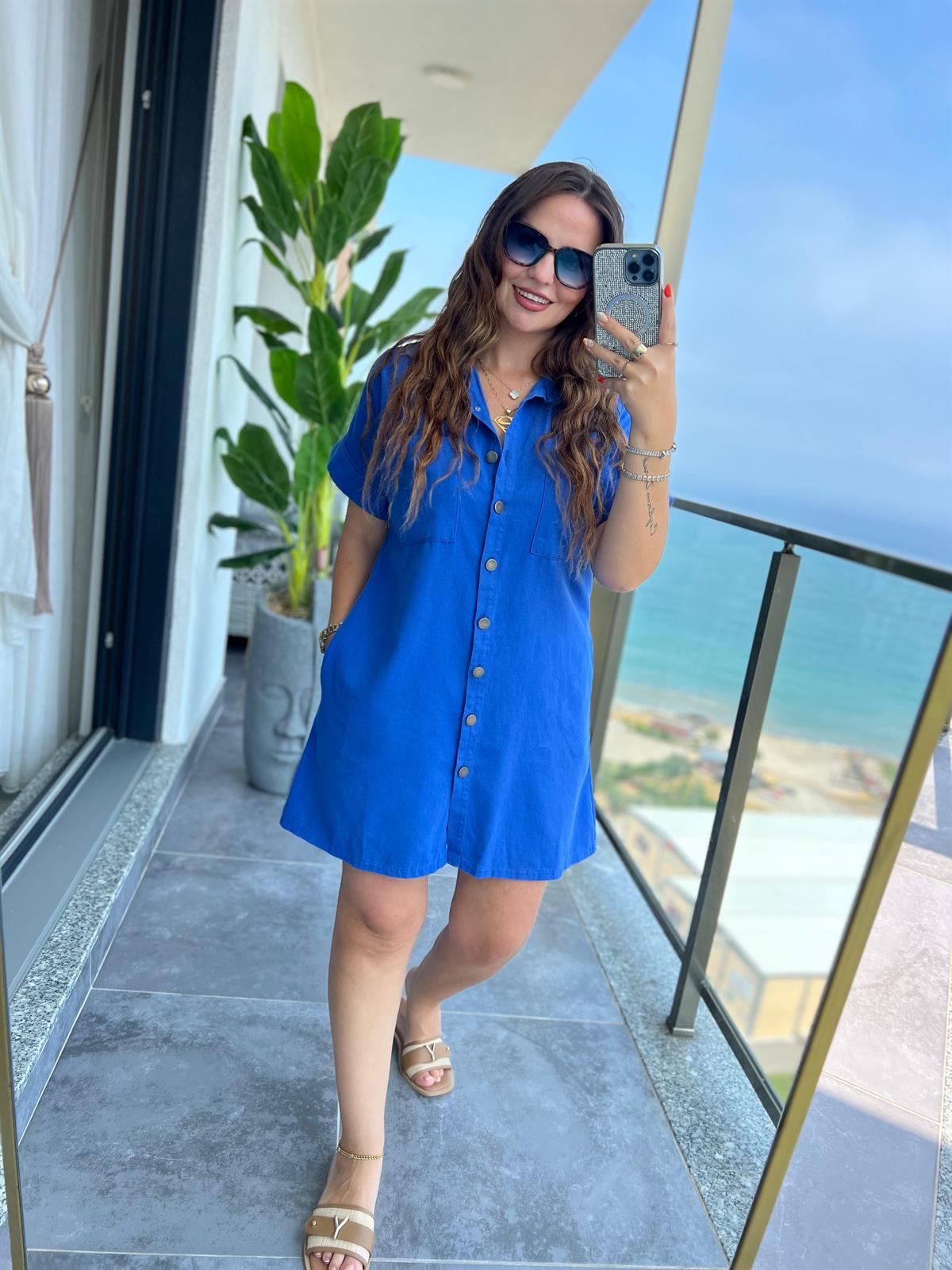 Gabardin Yıkamalı Elbise MAVİ