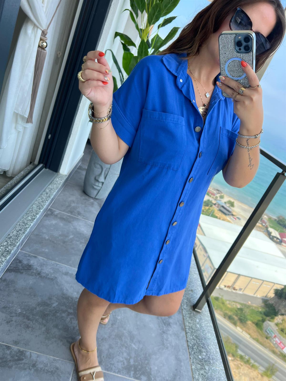 Gabardin Yıkamalı Elbise MAVİ