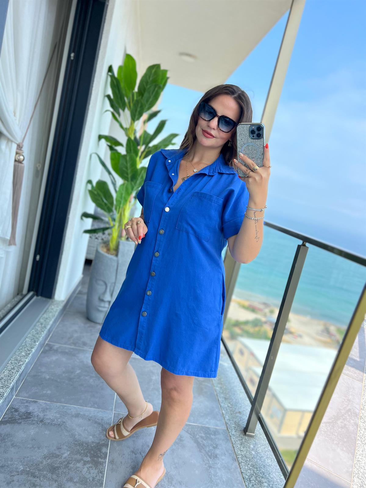 Gabardin Yıkamalı Elbise MAVİ