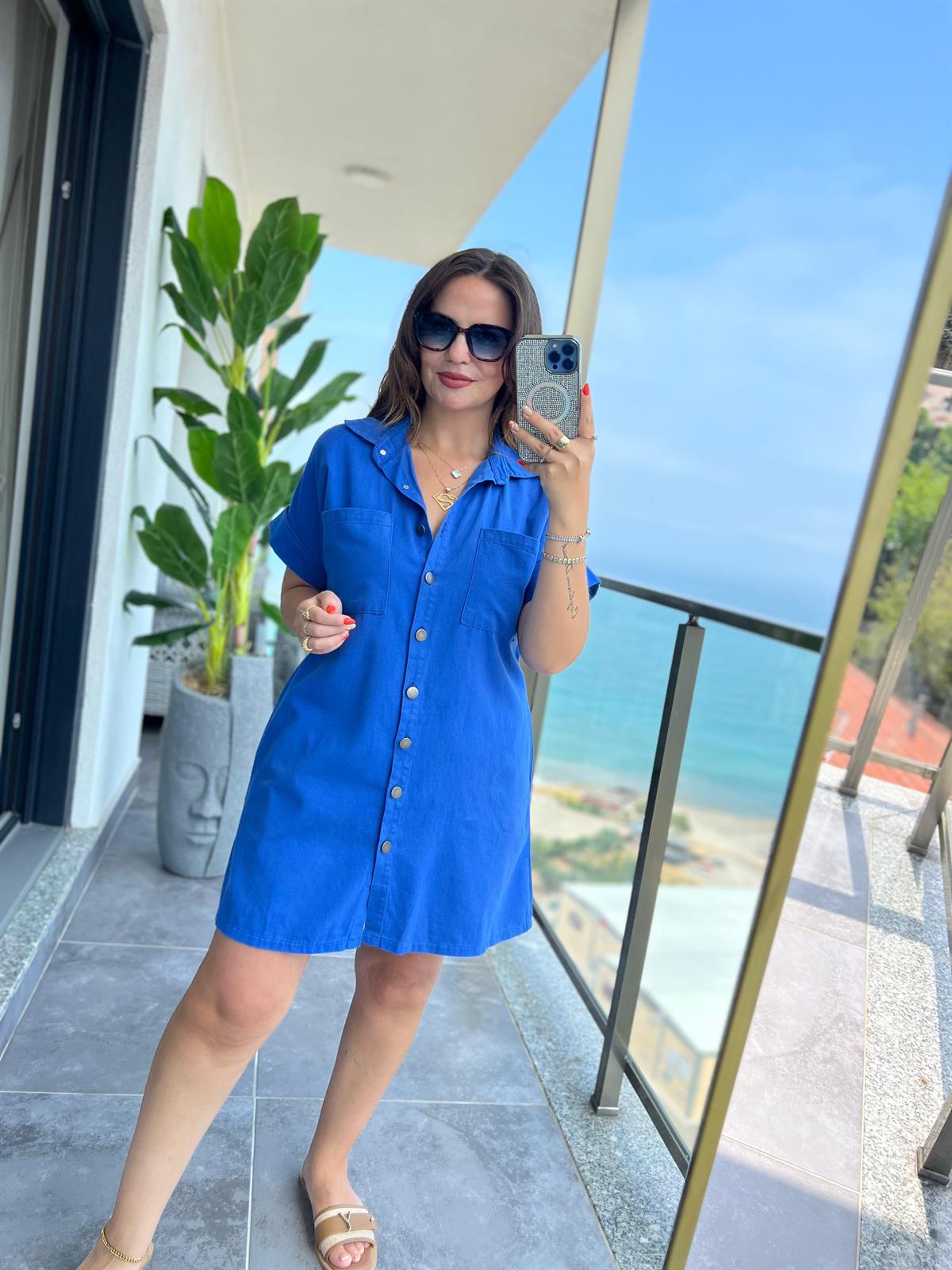 Gabardin Yıkamalı Elbise MAVİ