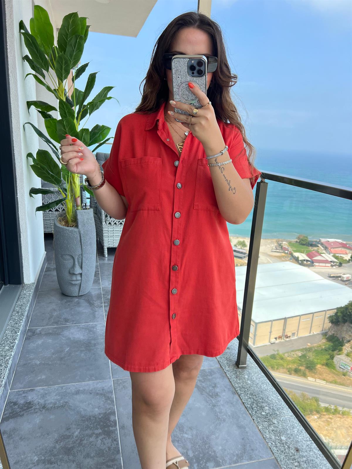 Gabardin Yıkamalı Elbise MERCAN