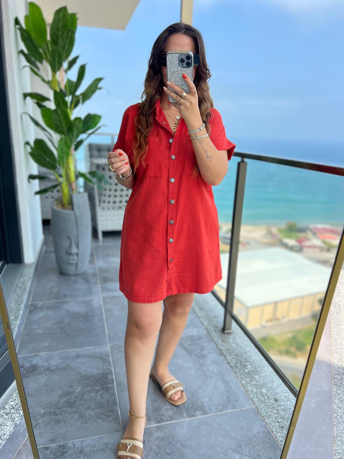 Gabardin Yıkamalı Elbise MERCAN