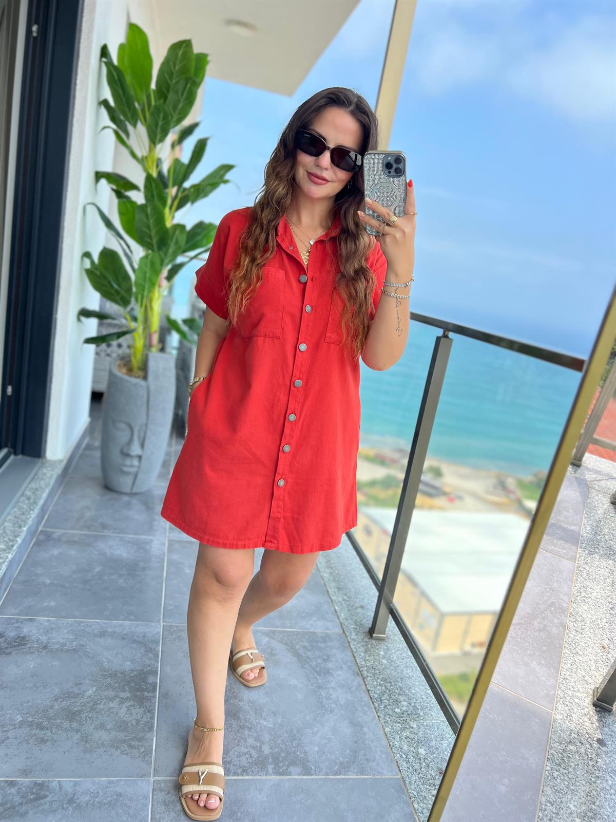 Gabardin Yıkamalı Elbise MERCAN