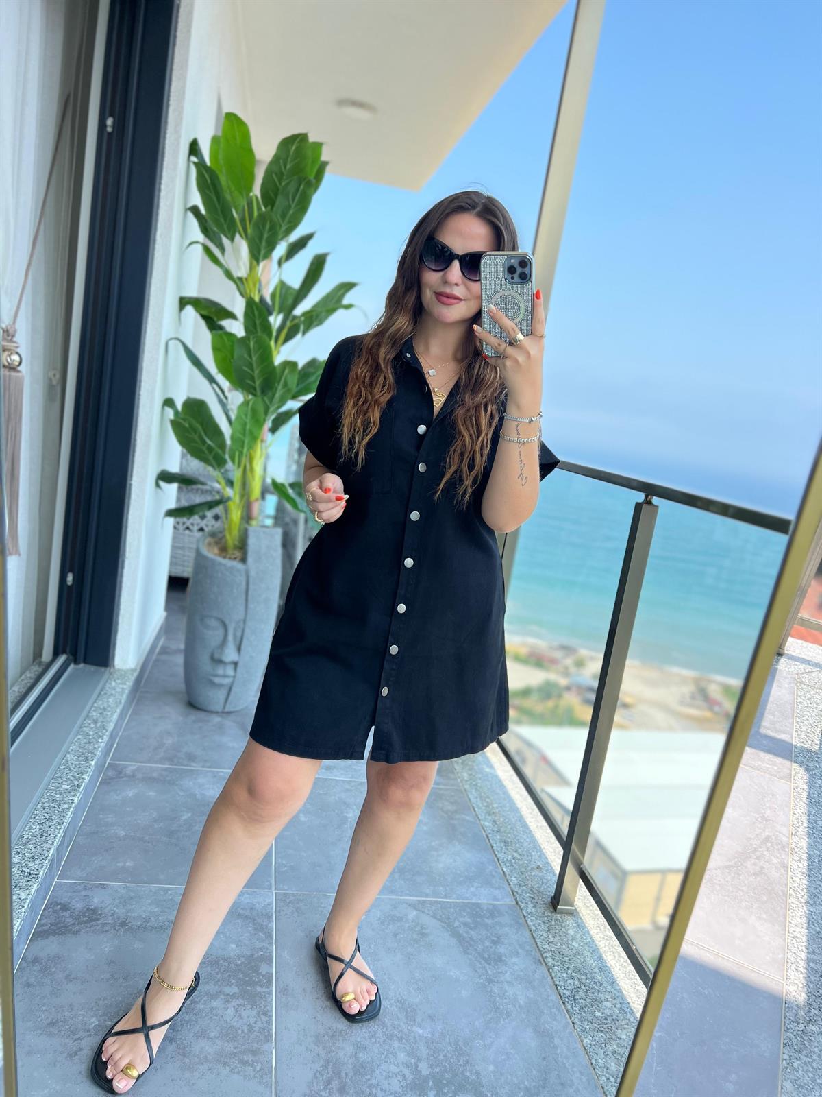 Gabardin Yıkamalı Elbise SİYAH