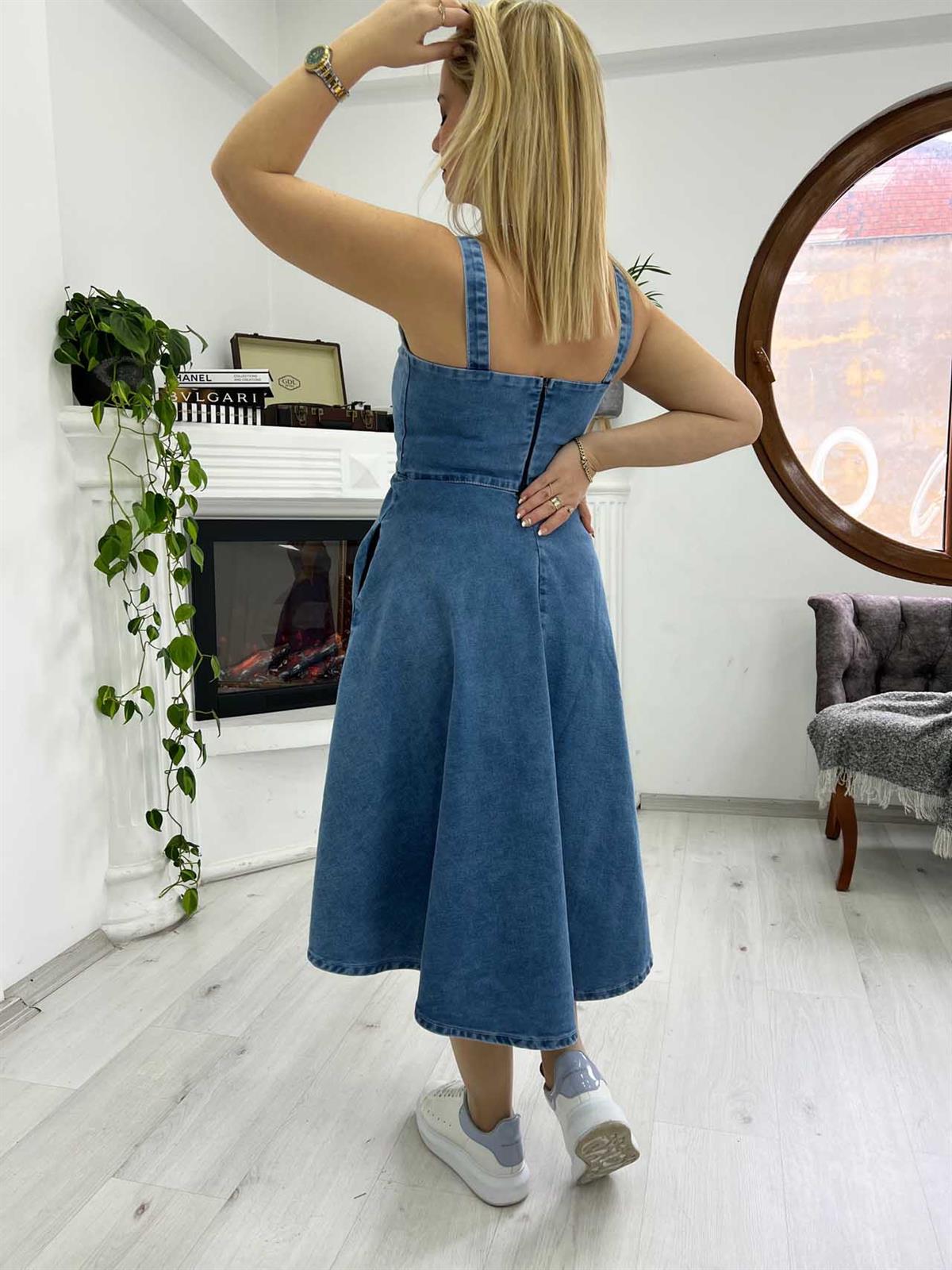 Kalın Askılı Volanlı Kot Elbise MAVİ