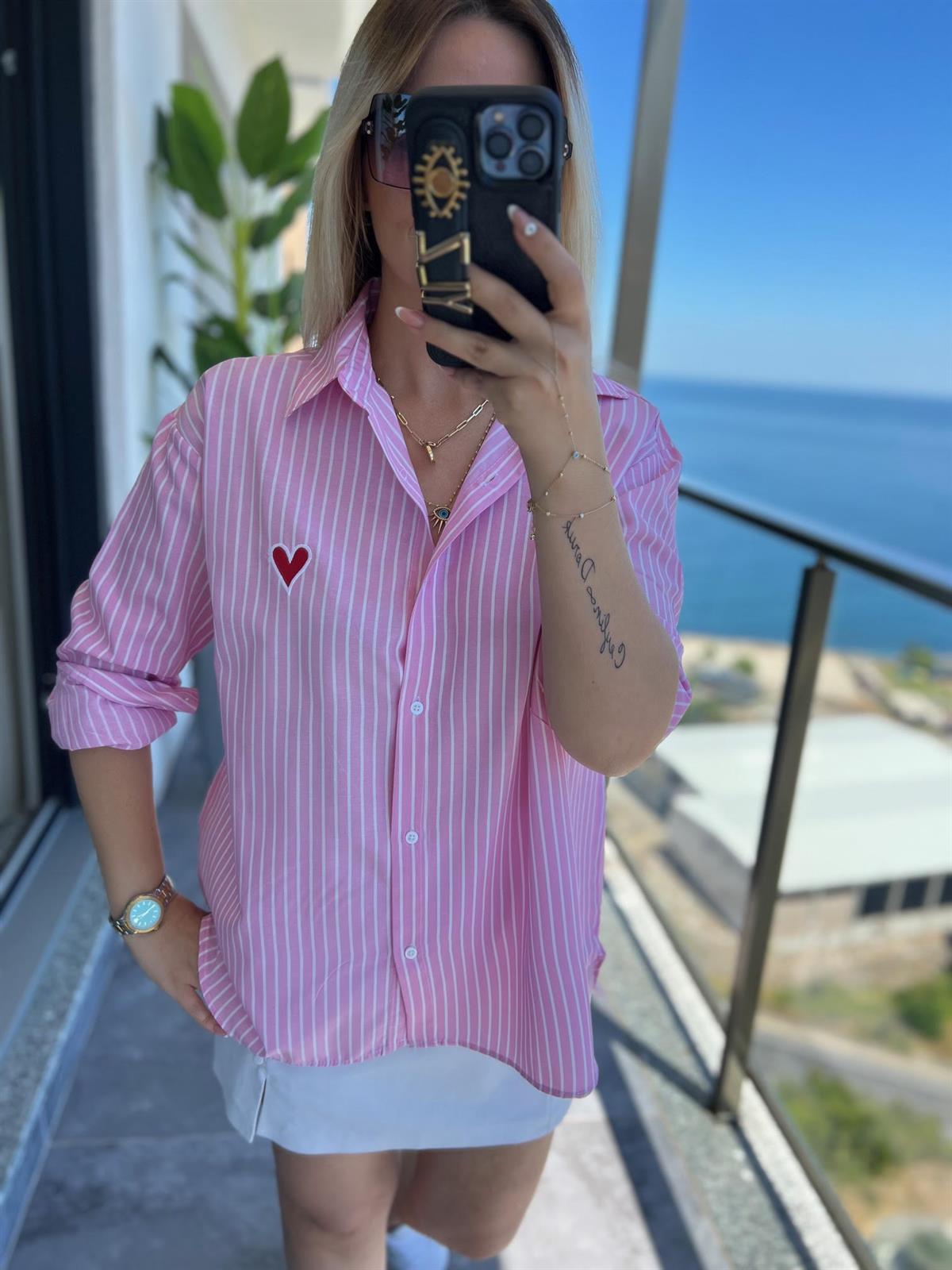 Kalp Nakışlı Gömlek PEMBE