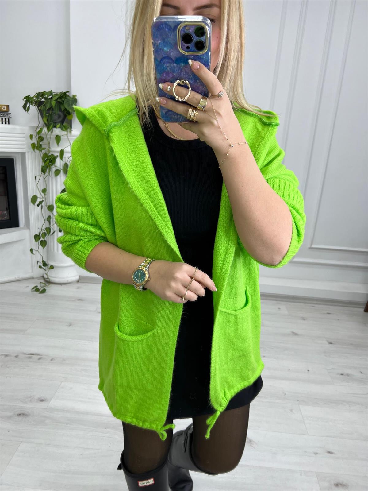 Kapüşonlu Hırka NEON YEŞİL