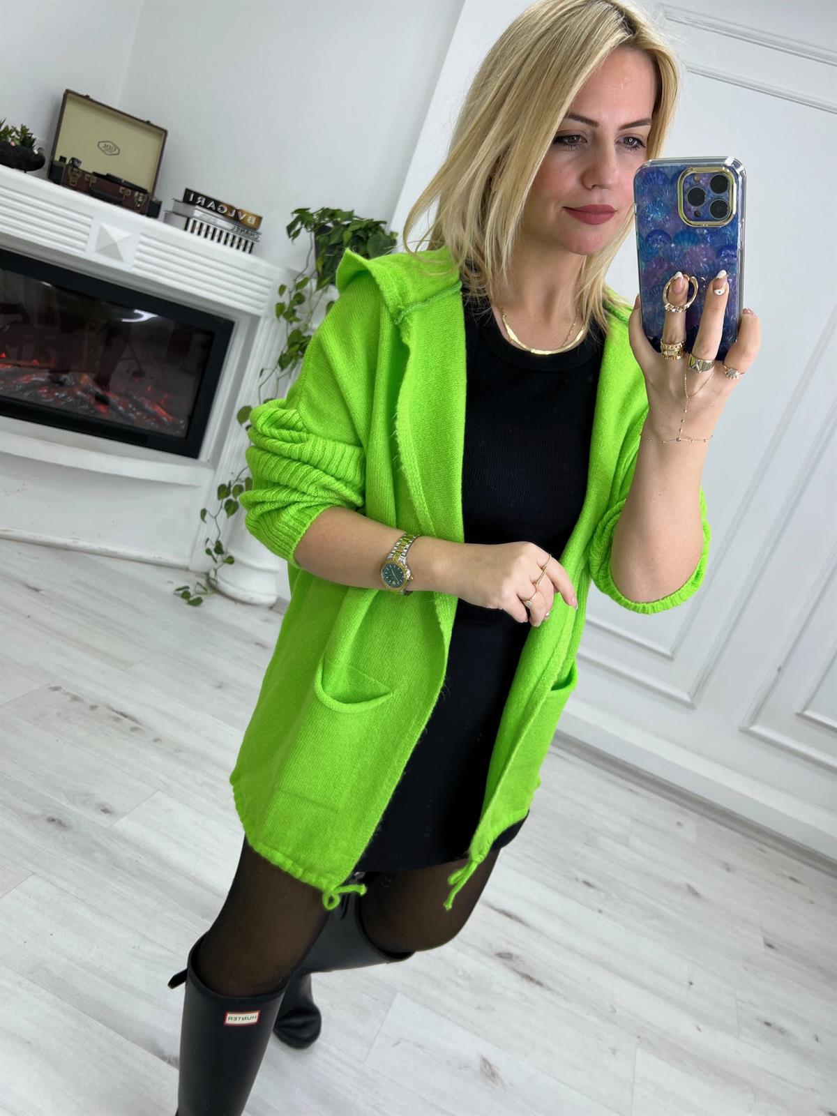 Kapüşonlu Hırka NEON YEŞİL