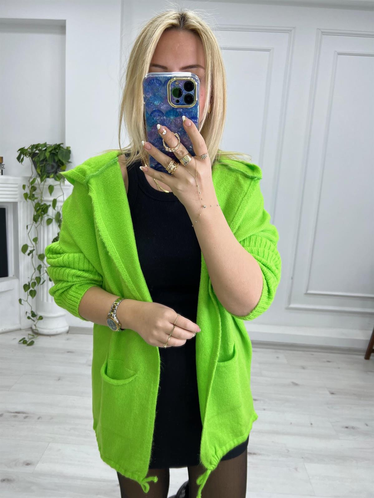 Kapüşonlu Hırka NEON YEŞİL