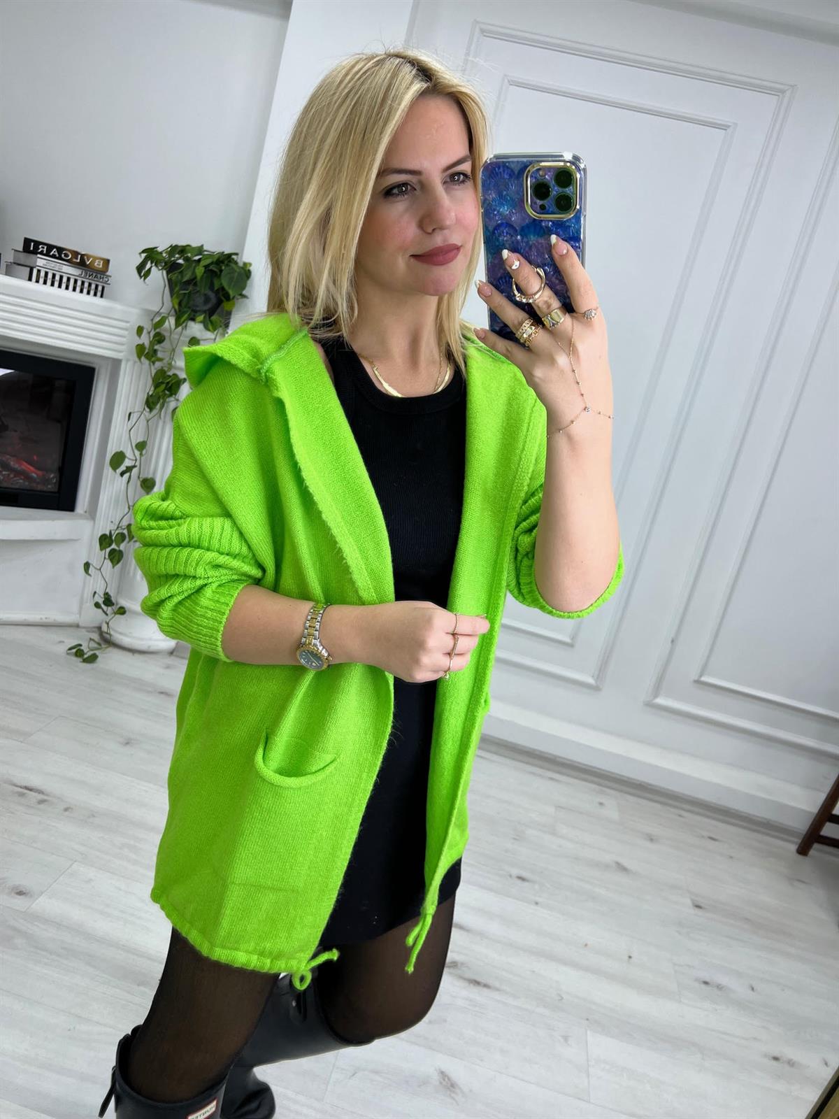 Kapüşonlu Hırka NEON YEŞİL