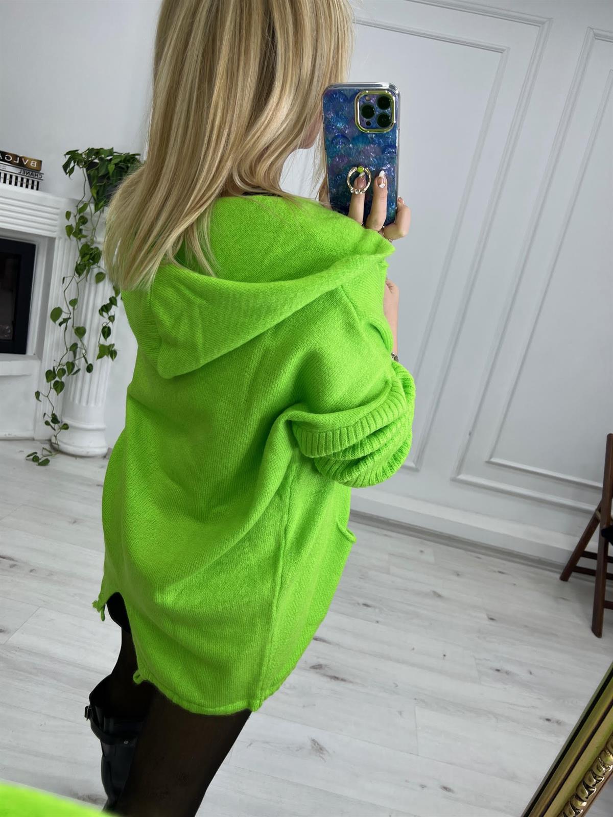 Kapüşonlu Hırka NEON YEŞİL