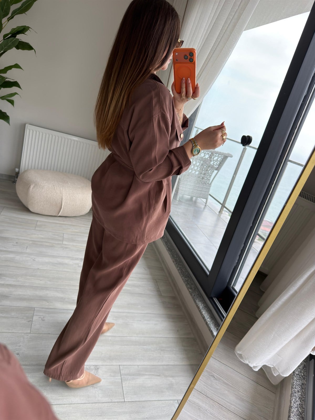 Kemerli Tencel Takım KAHVE