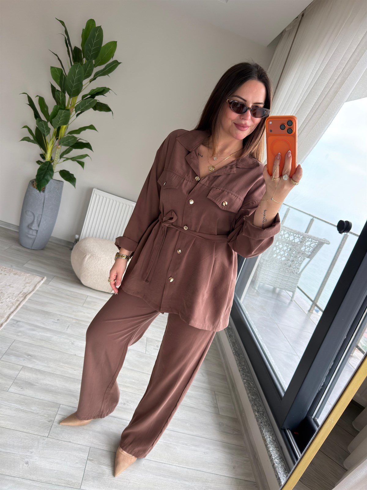 Kemerli Tencel Takım KAHVE