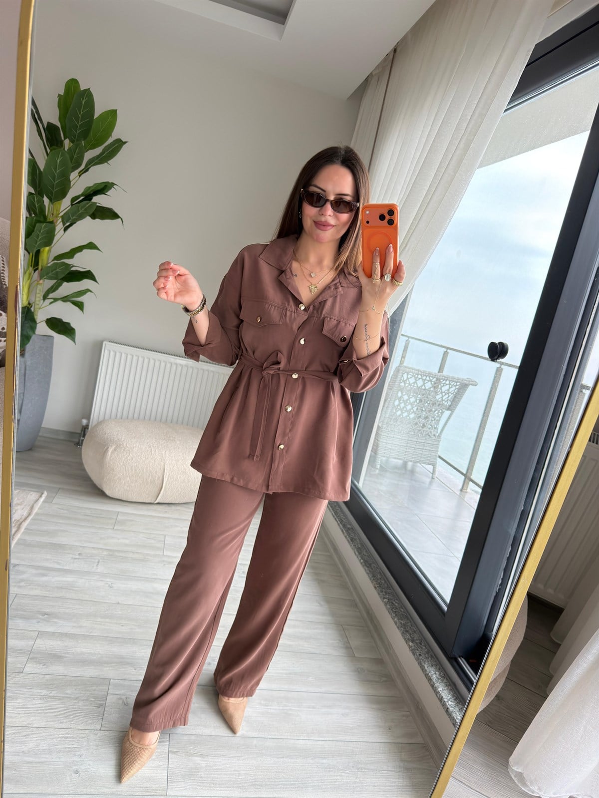 Kemerli Tencel Takım KAHVE
