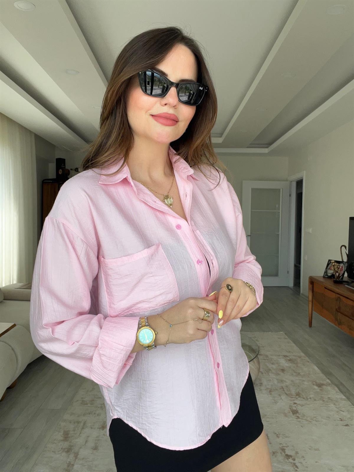 Kendinden Çizgili Gömlek PEMBE