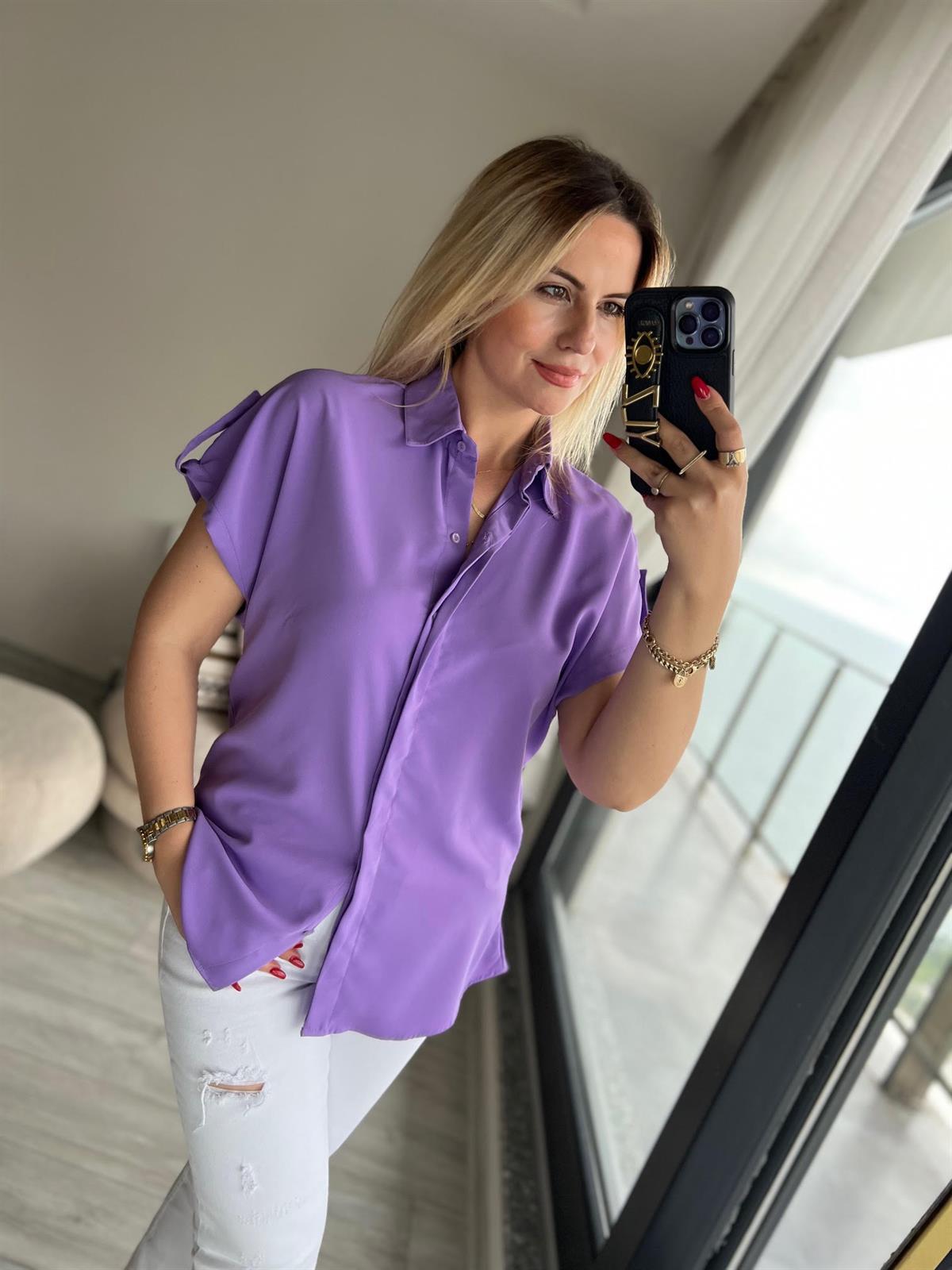 Kısa Kollu Saten Gömlek LİLA