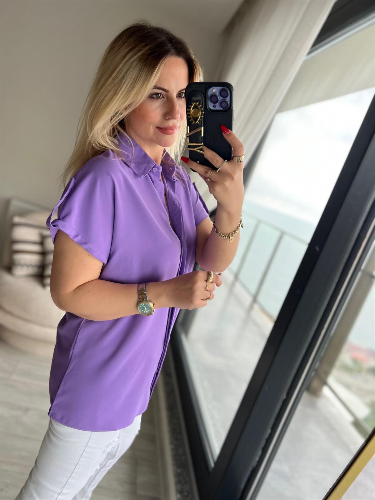 Kısa Kollu Saten Gömlek LİLA