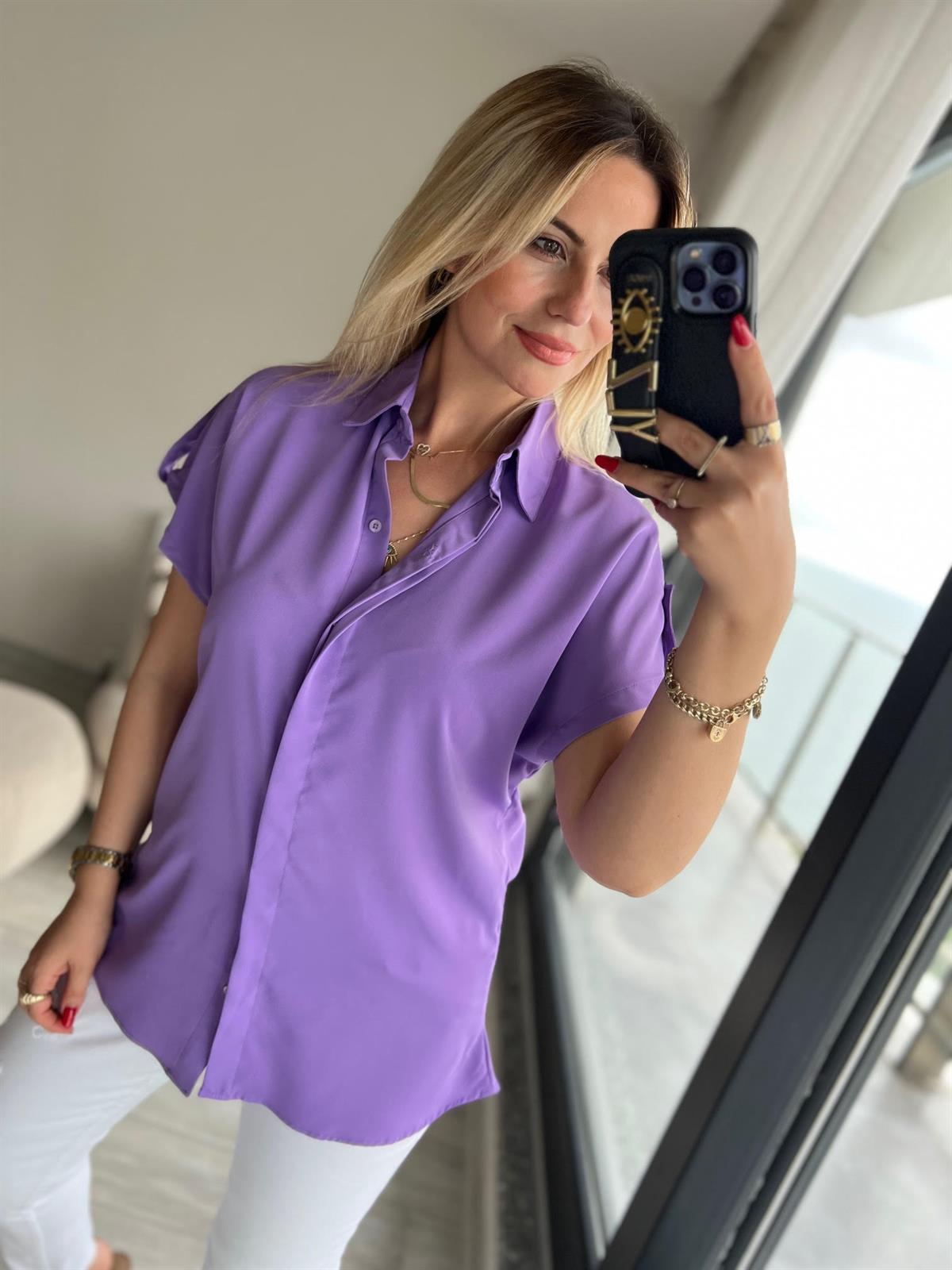 Kısa Kollu Saten Gömlek LİLA