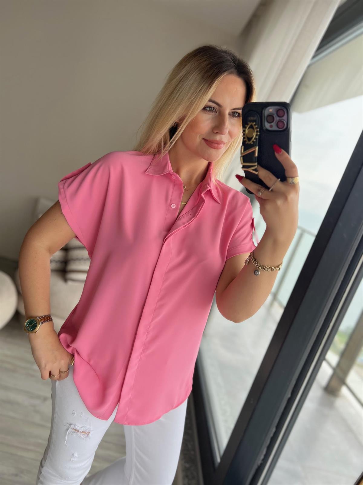 Kısa Kollu Saten Gömlek PEMBE