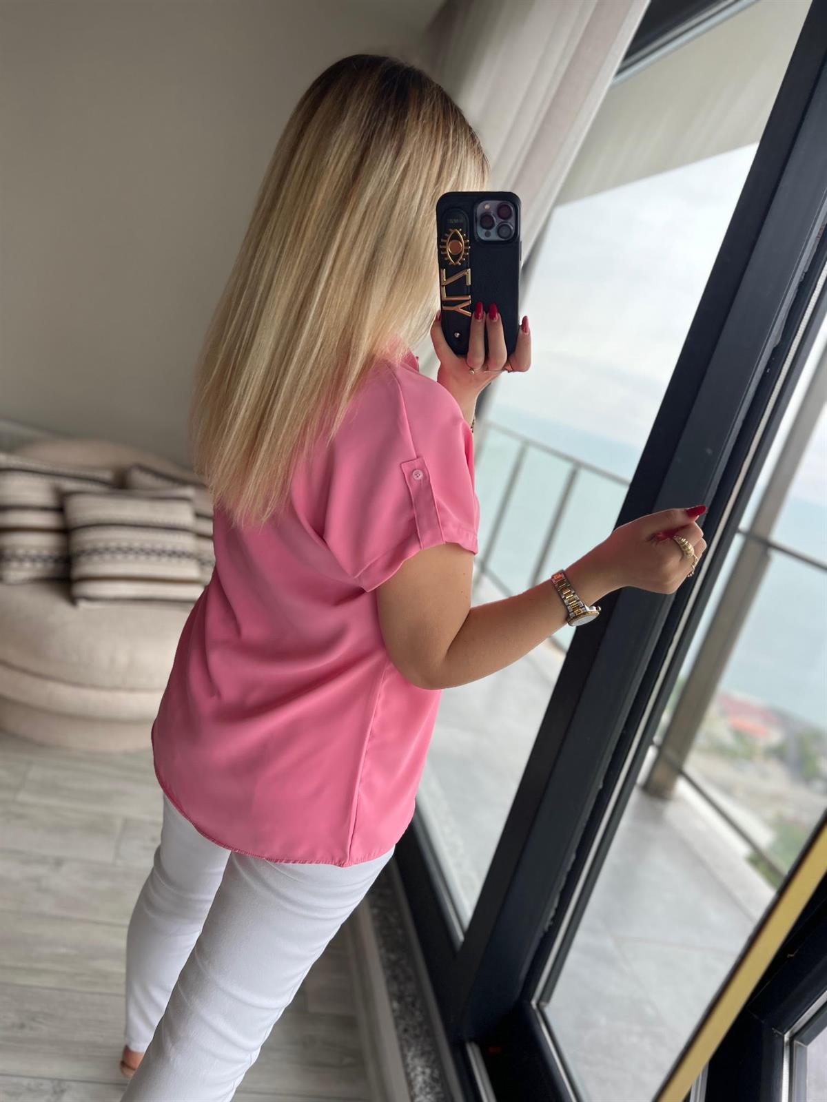 Kısa Kollu Saten Gömlek PEMBE