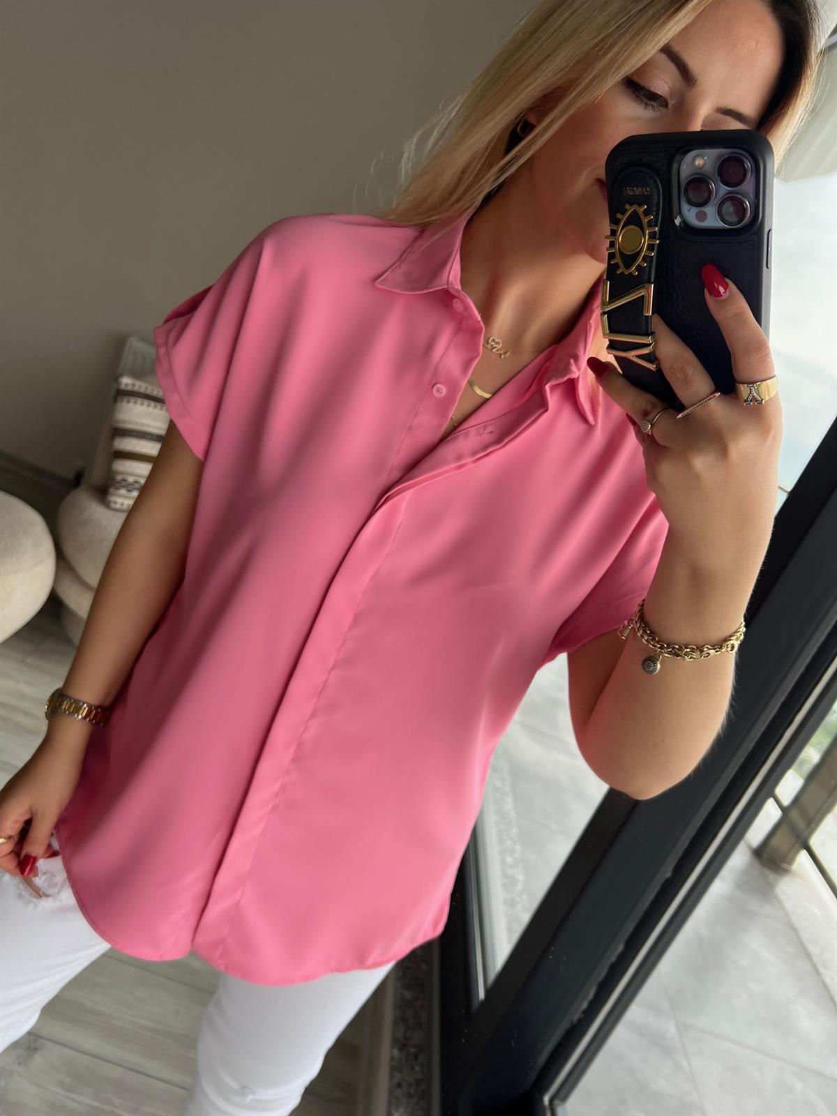 Kısa Kollu Saten Gömlek PEMBE