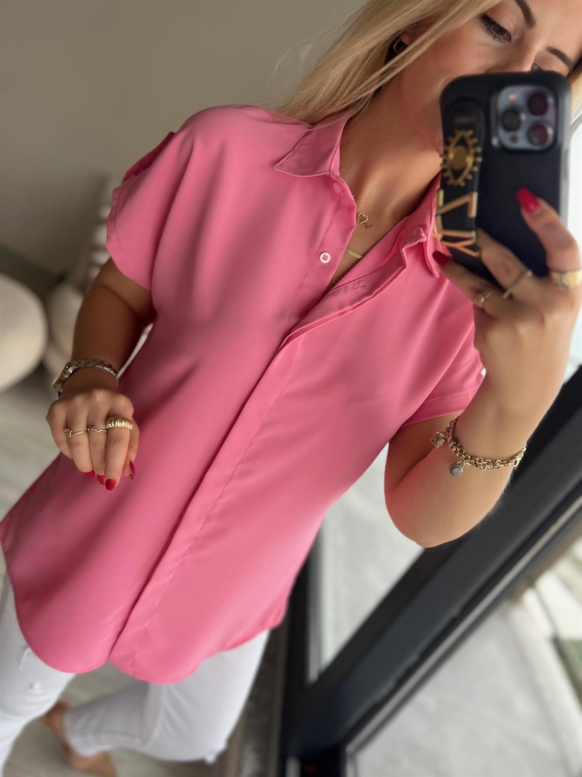 Kısa Kollu Saten Gömlek PEMBE