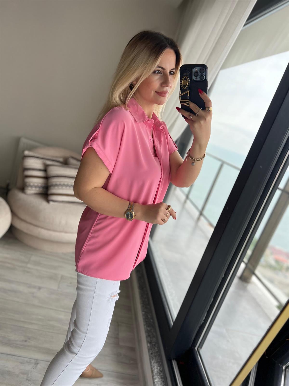 Kısa Kollu Saten Gömlek PEMBE