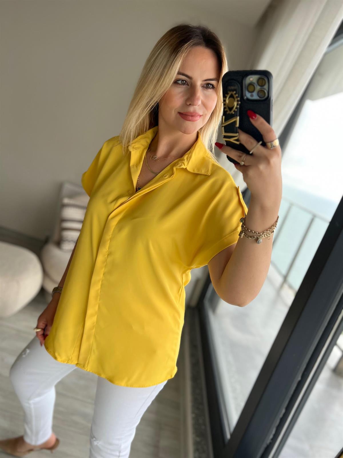 Kısa Kollu Saten Gömlek SARI