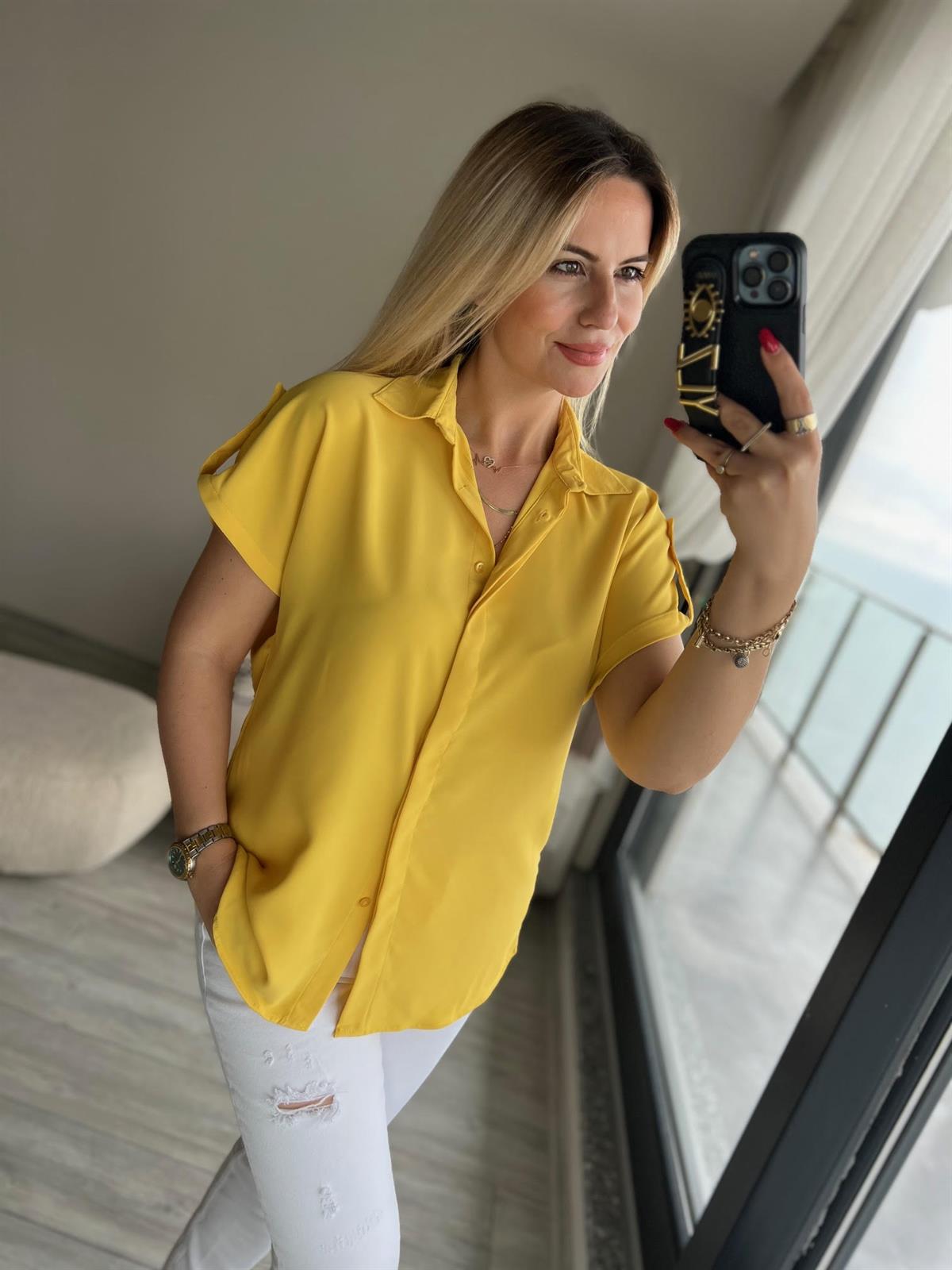 Kısa Kollu Saten Gömlek SARI