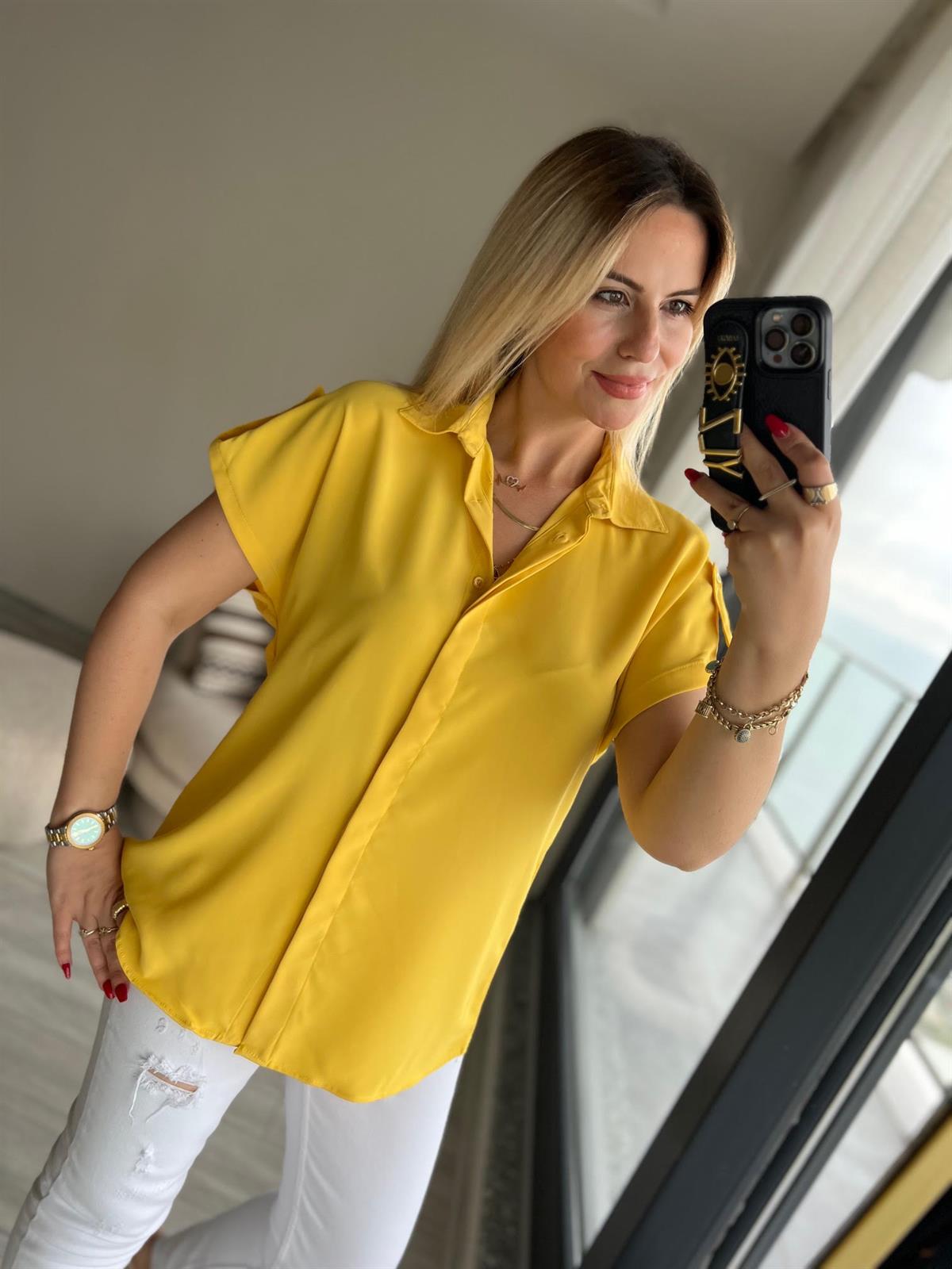 Kısa Kollu Saten Gömlek SARI