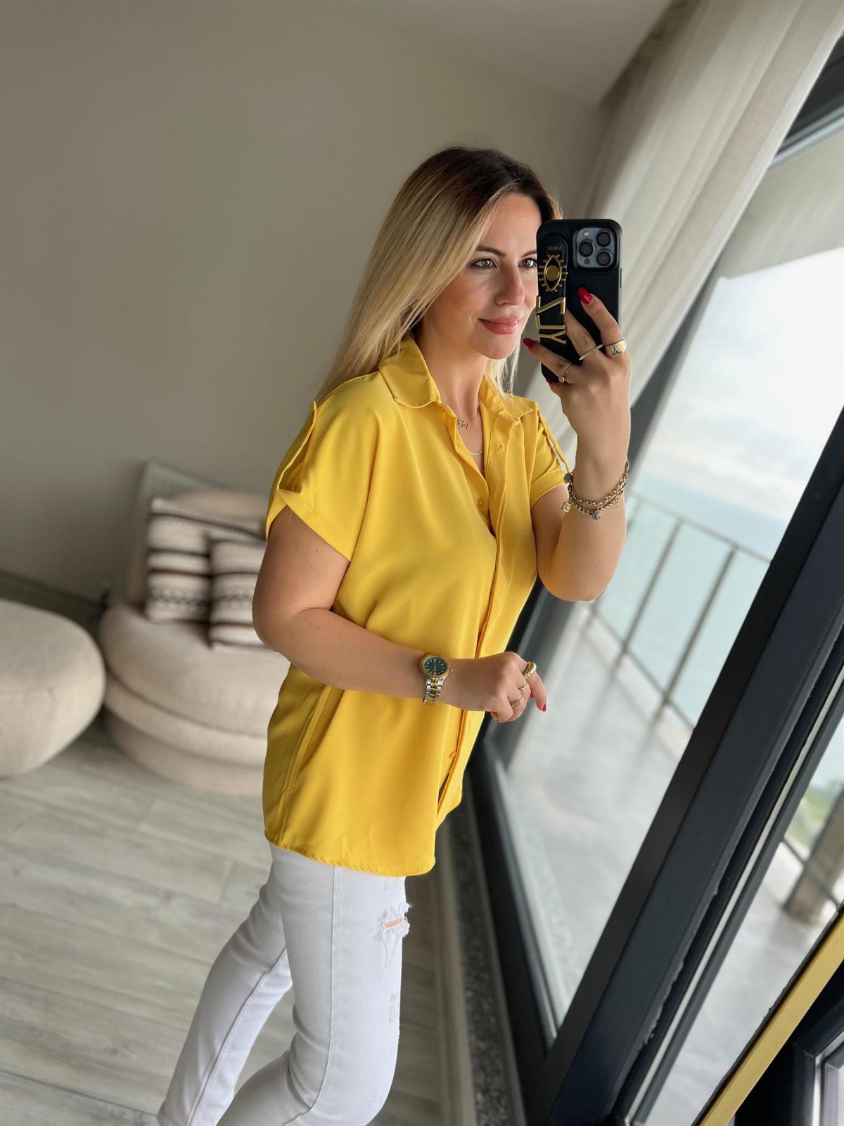 Kısa Kollu Saten Gömlek SARI