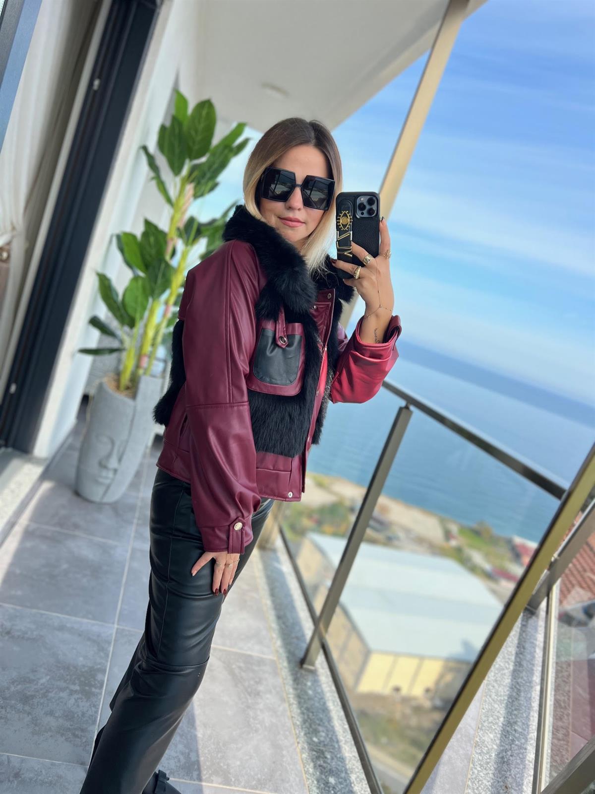 Kürklü Deri Ceket BORDO