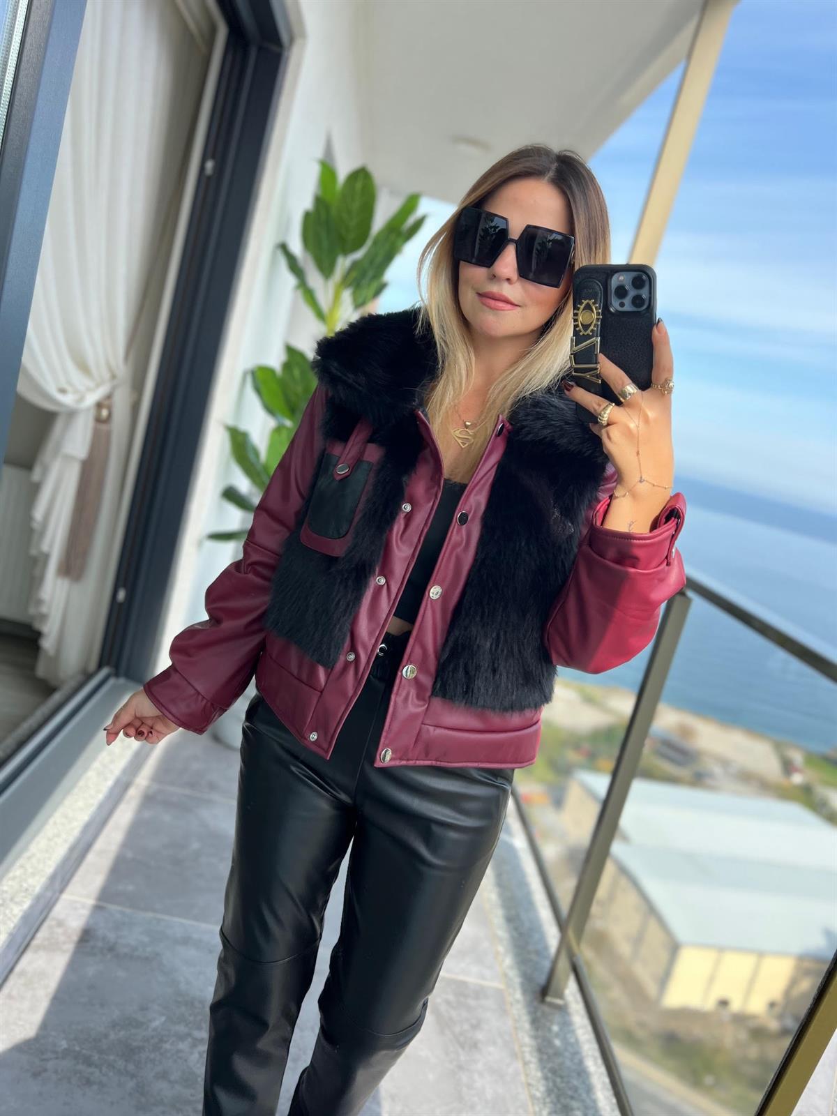 Kürklü Deri Ceket BORDO