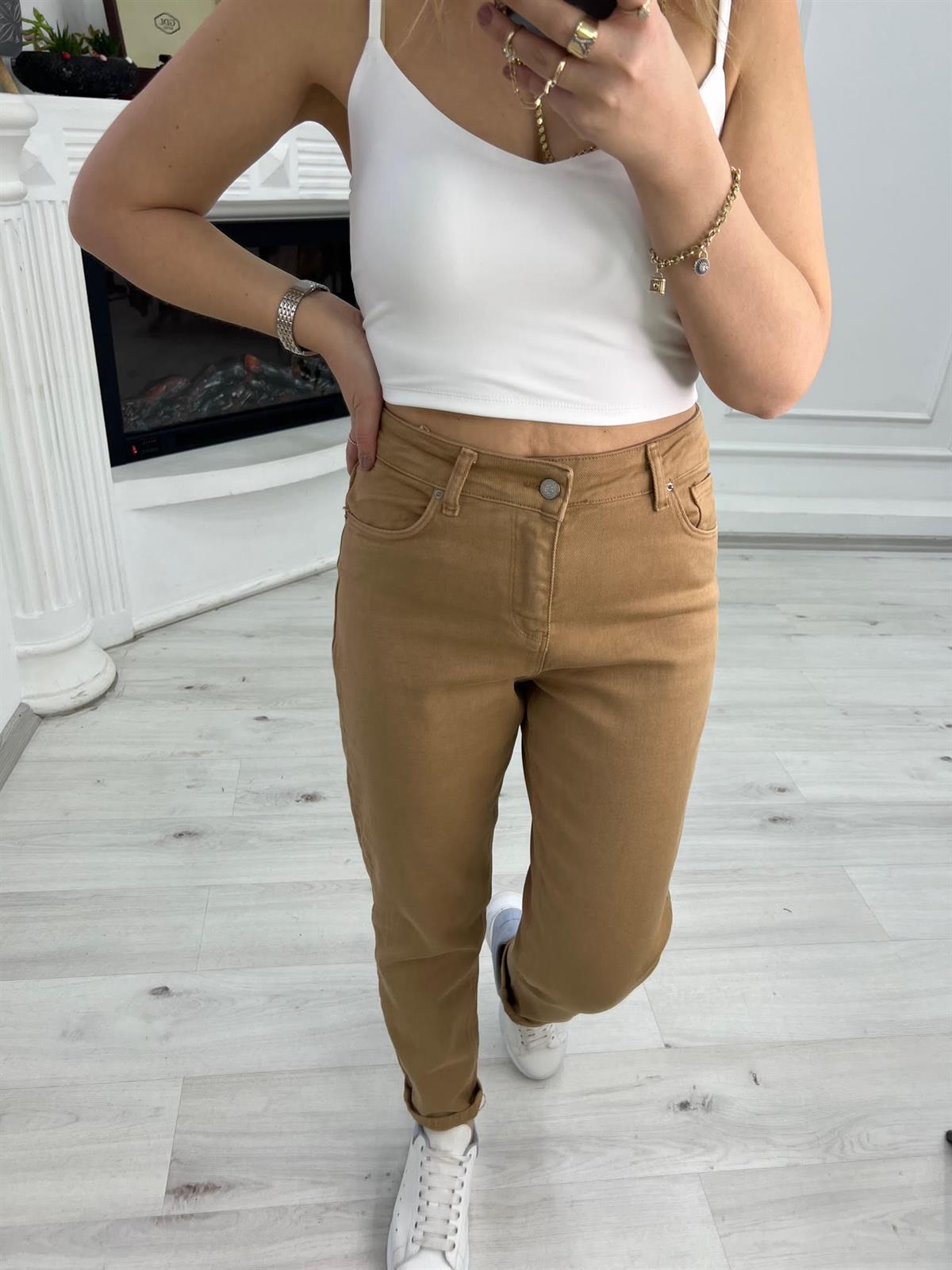 Likralı Yüksek Bel Jean CAMEL