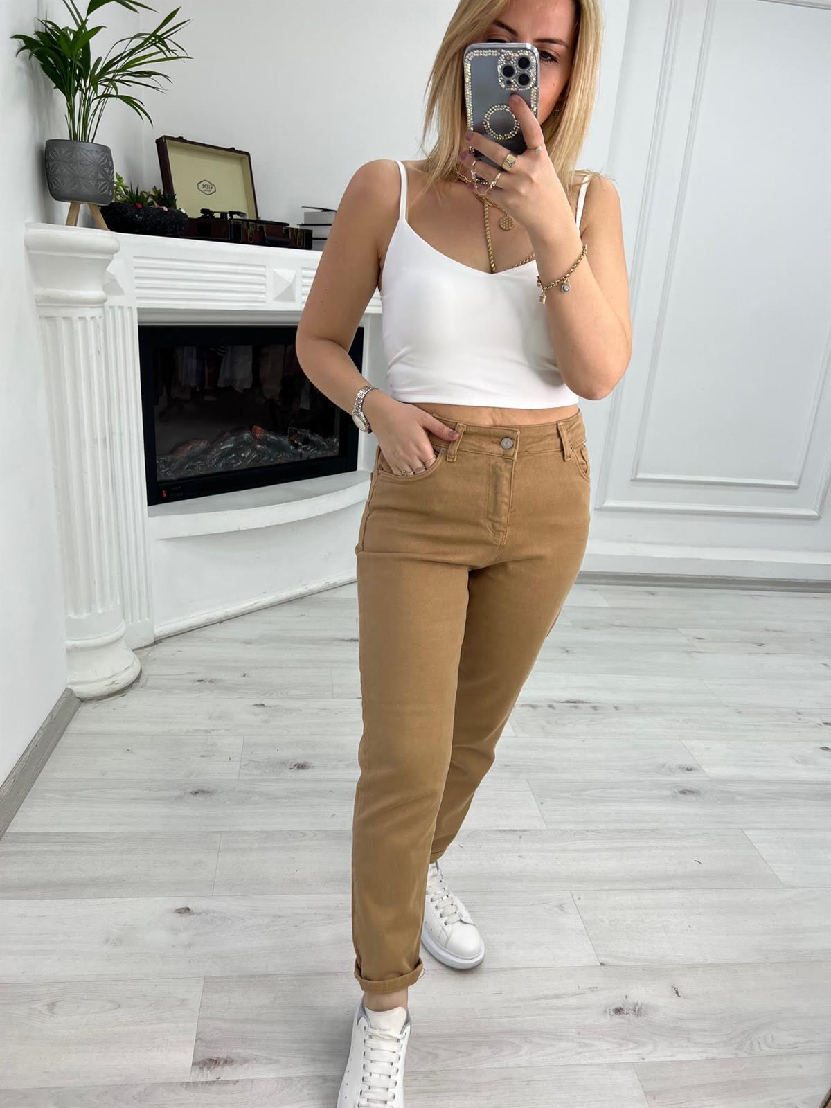 Likralı Yüksek Bel Jean CAMEL