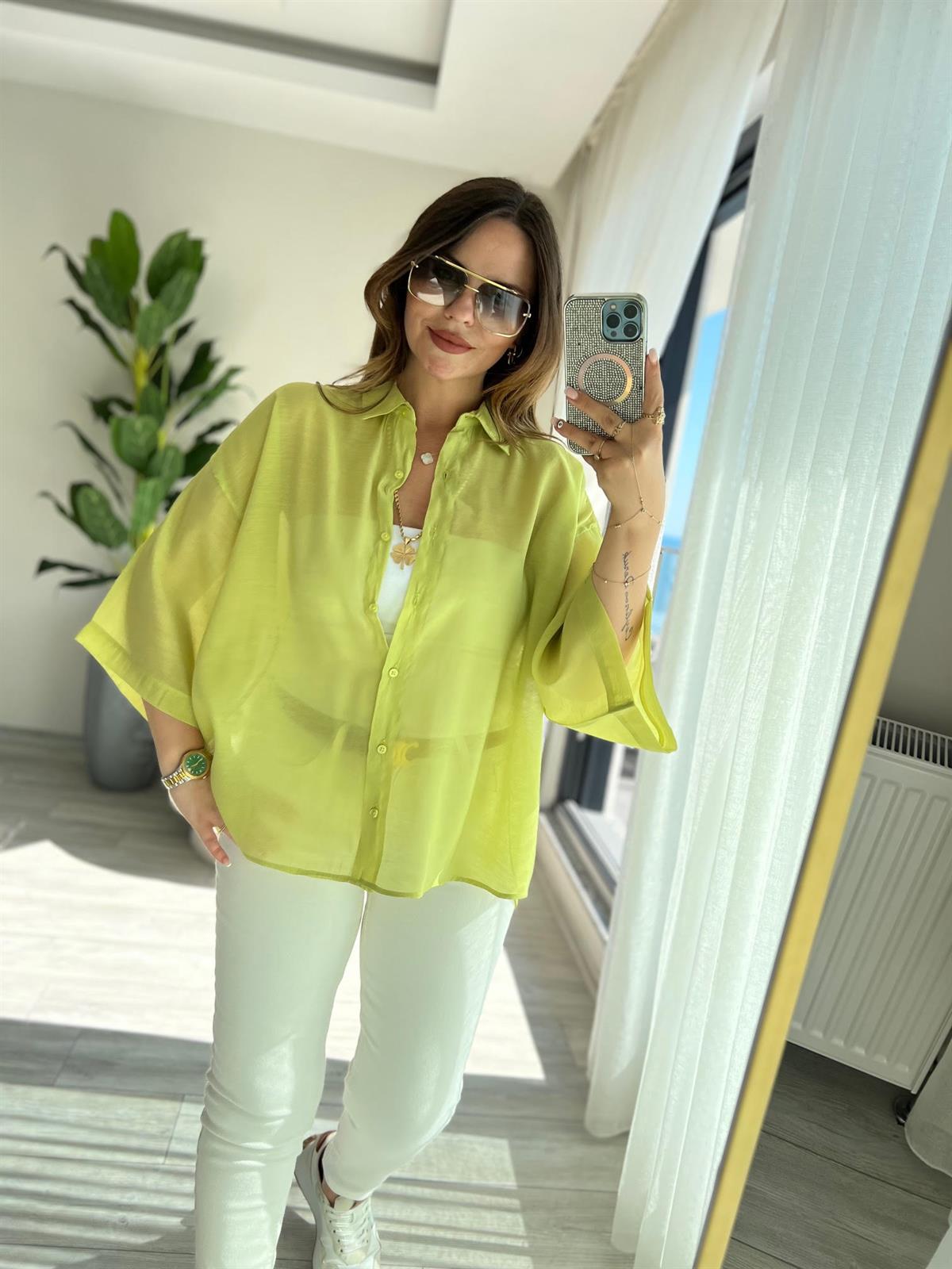 Owersize Kısa Kollu Gömlek YEŞİL
