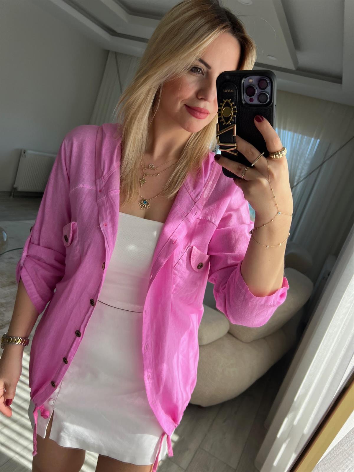 Pullu Uzun Kol Keten Gömlek PEMBE