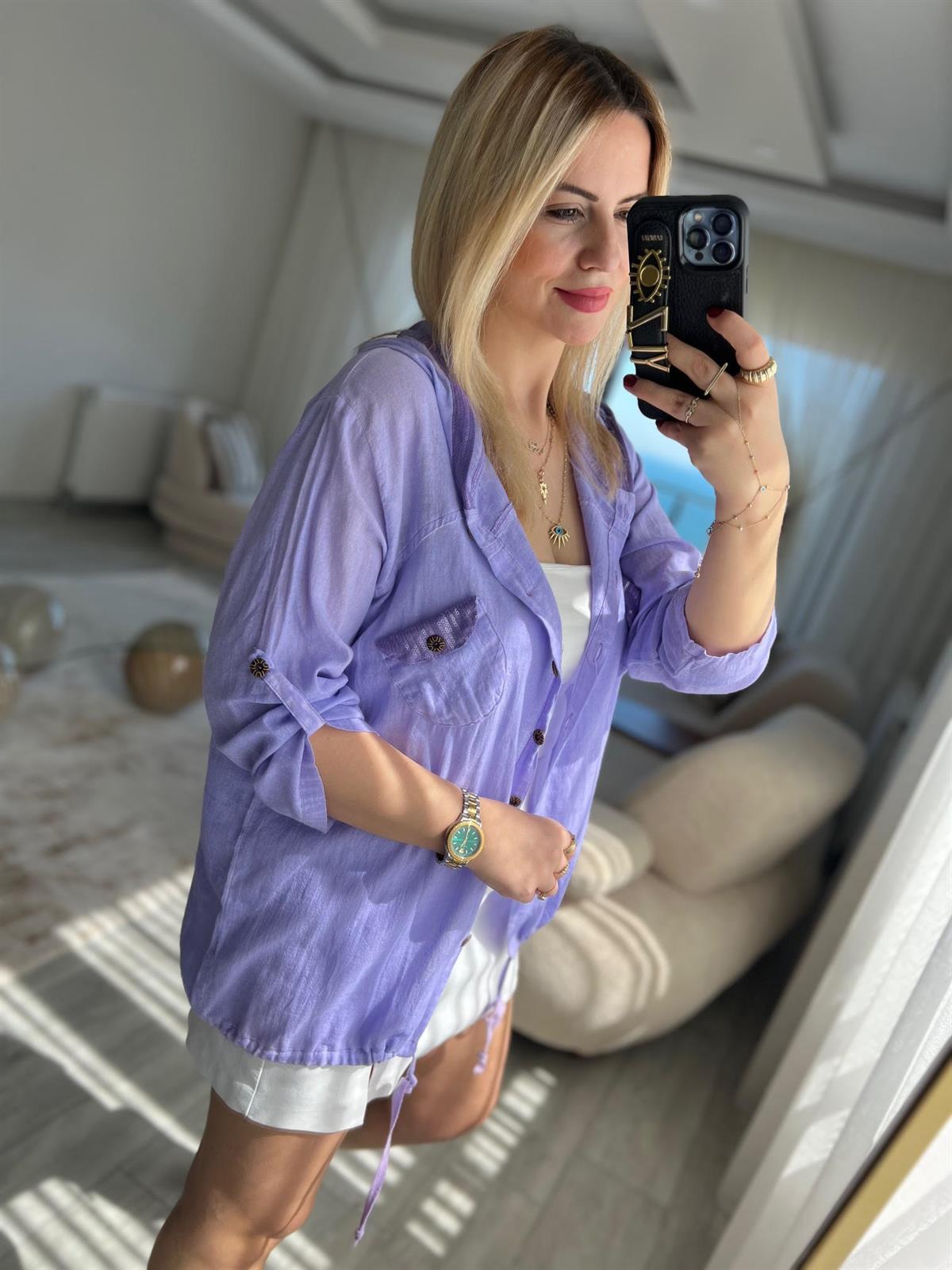 Pullu Uzun Kol Keten Gömlek LİLA