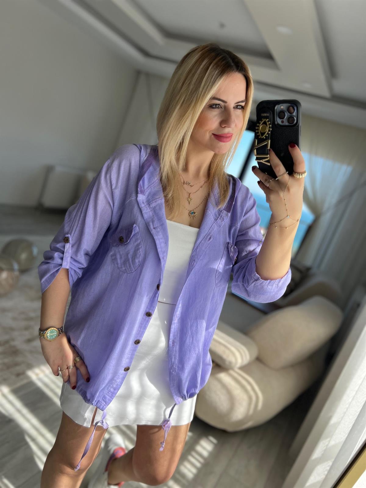 Pullu Uzun Kol Keten Gömlek LİLA