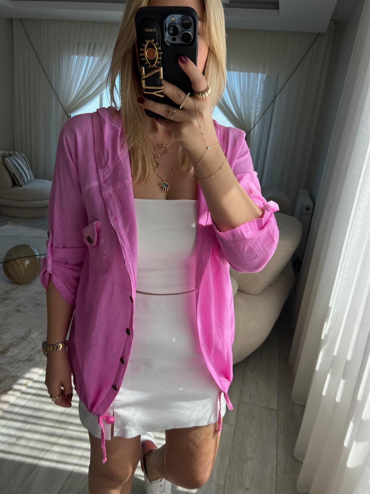 Pullu Uzun Kol Keten Gömlek PEMBE