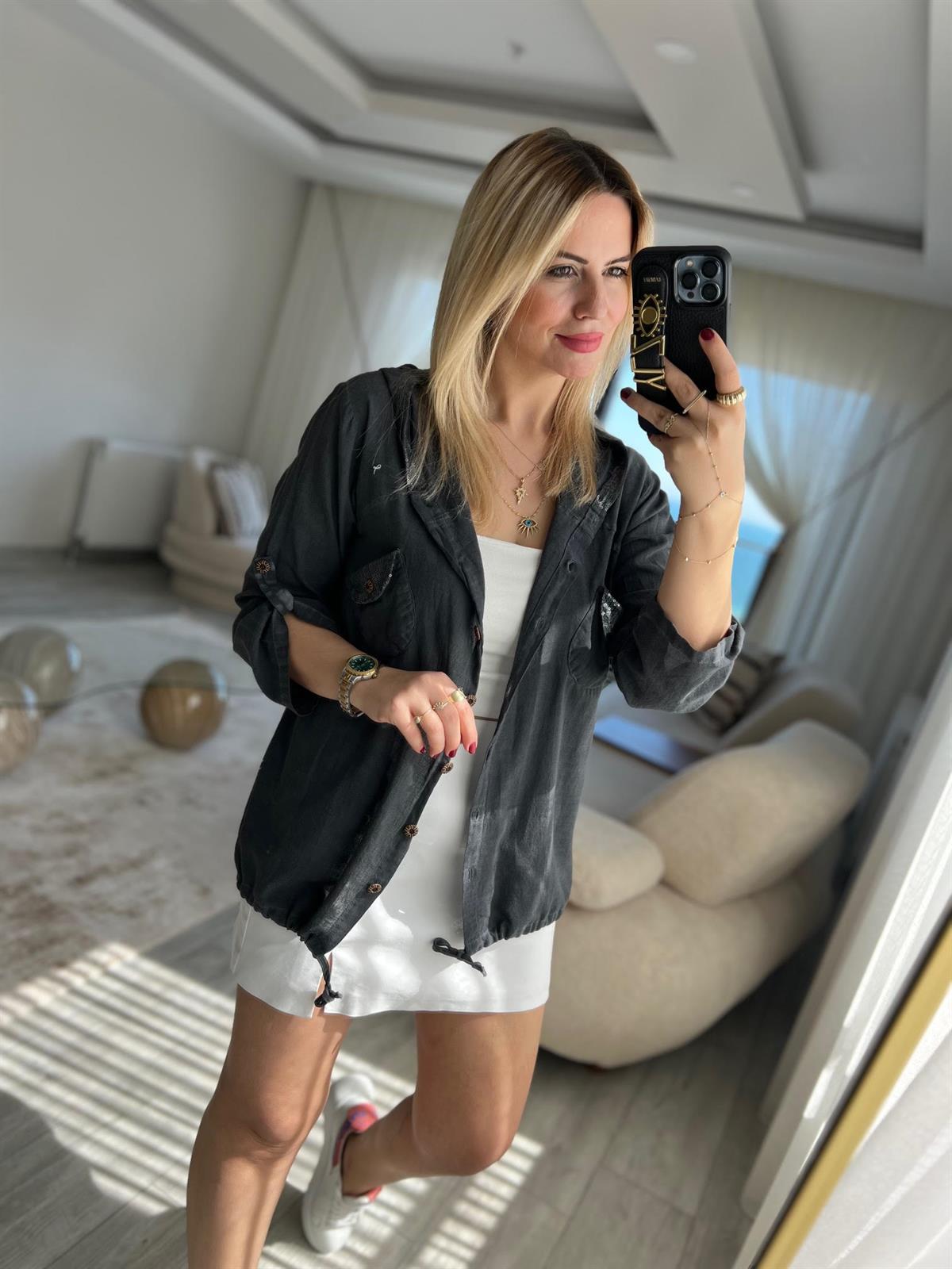 Pullu Uzun Kol Keten Gömlek ANTRESİT