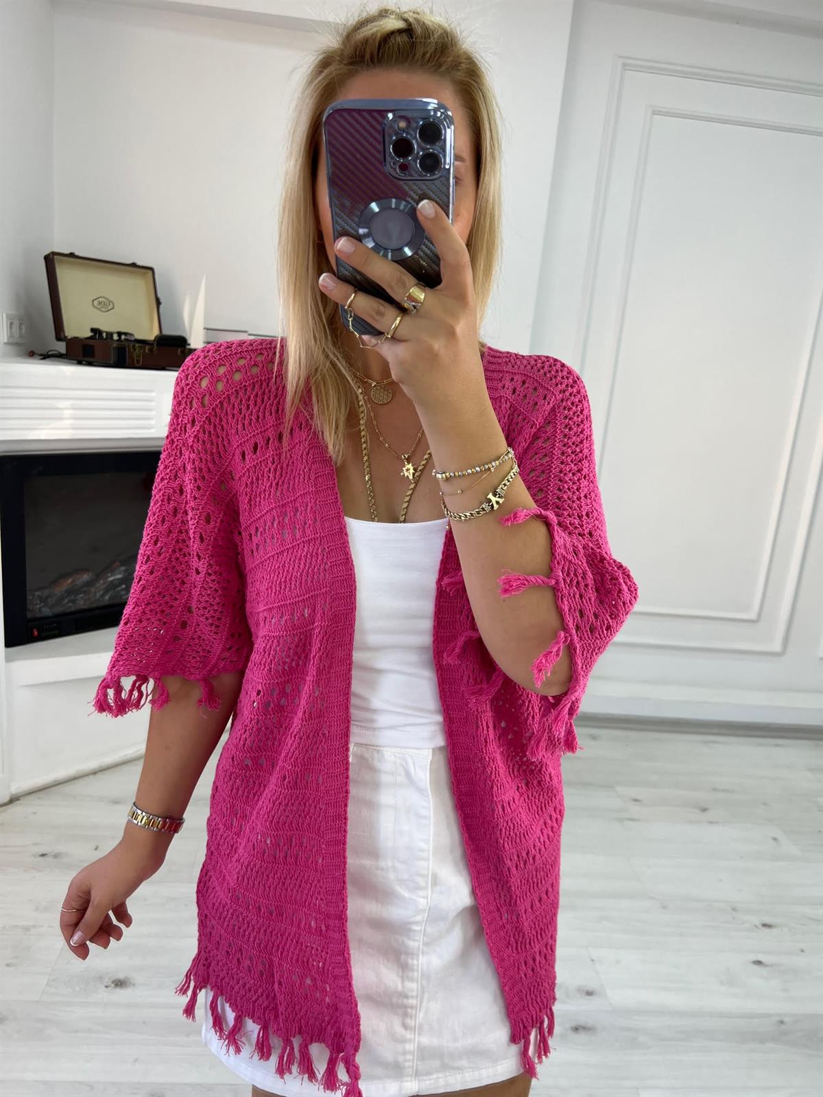 Püsküllü Uzun File Hırka PEMBE