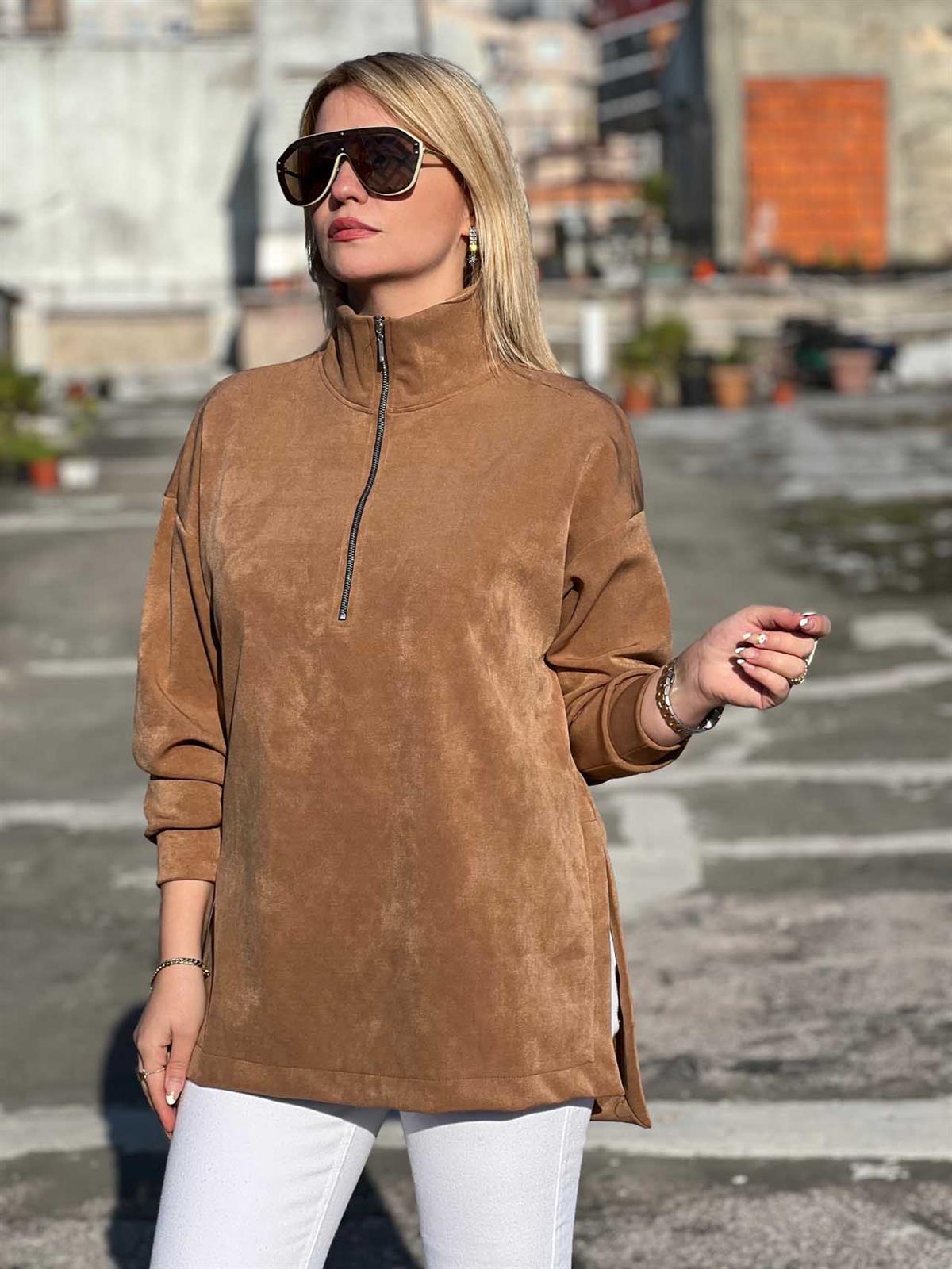 Scuba Kumaş Fermuarlı Yırtmaçlı Sweat KAHVE