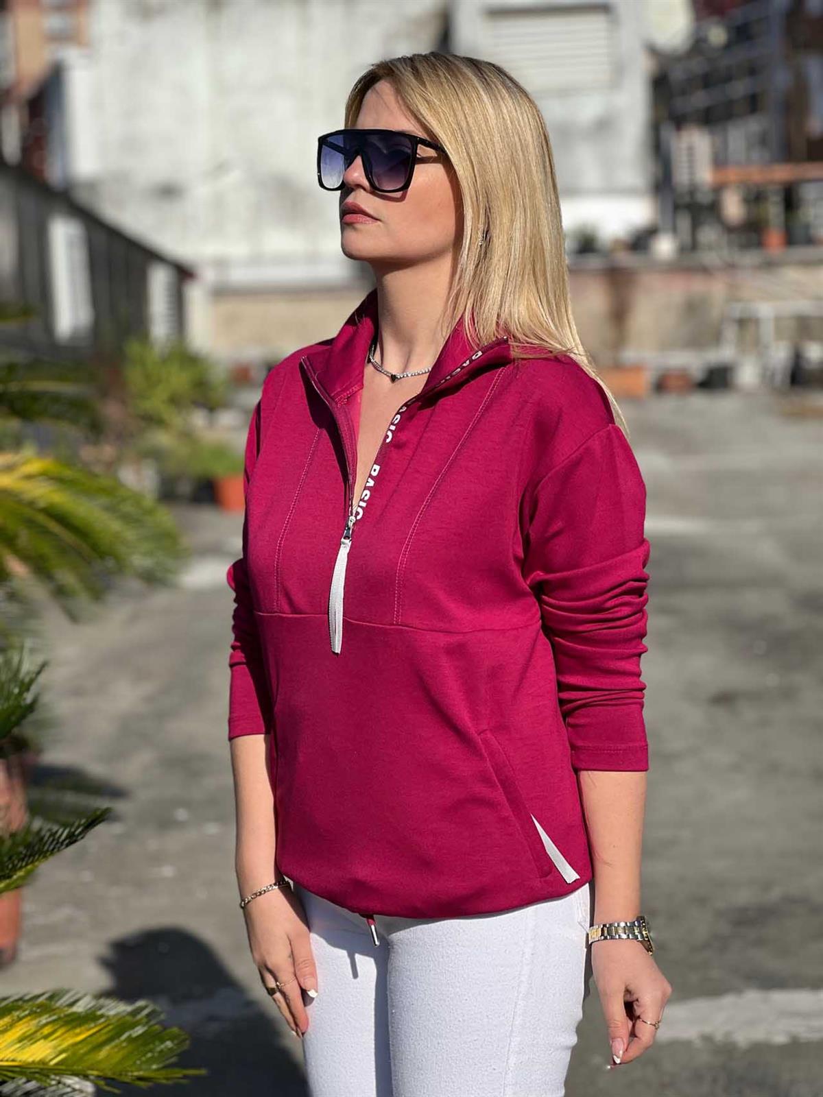 Scuba Kumaş Yarım Fermuar Sweat FUŞYA