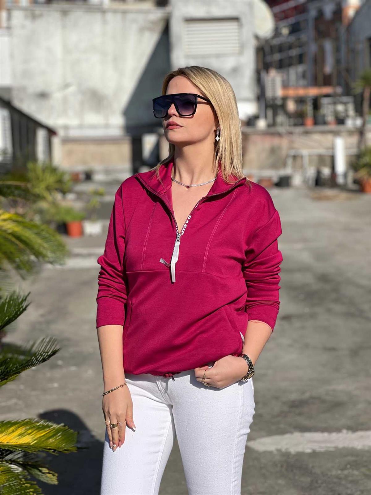 Scuba Kumaş Yarım Fermuar Sweat FUŞYA